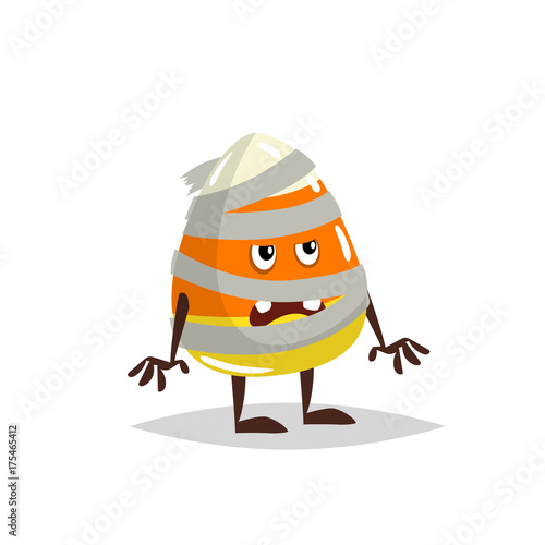 Cartoon candy corn costumed character. Mummy zombie costume. Halloween humanized sweet symbol for party poster and decoration.