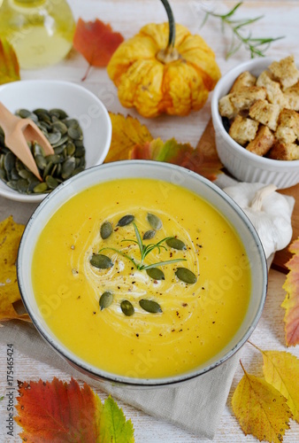 Pumpkin Cream-soup with Croutons Autumn Concept Healthy Food