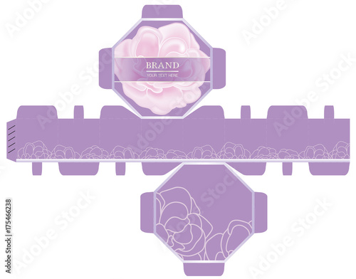 Packaging design, pink rose, luxury 8-sided box design template. Illustration vector