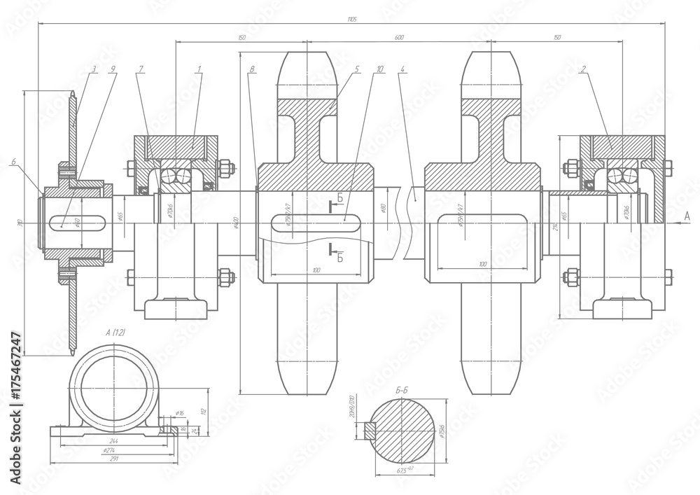 Fototapeta premium Machine-building drawings on a white background