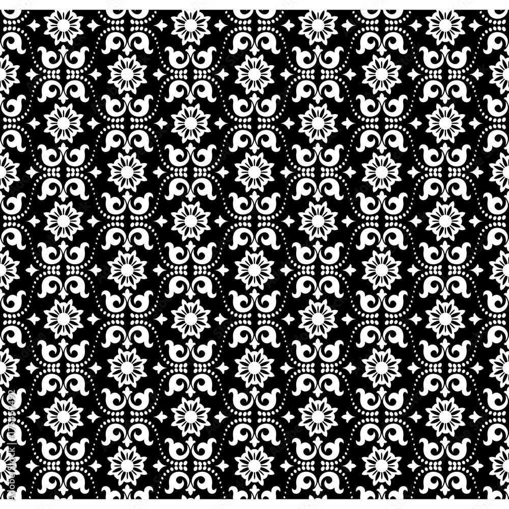 Seamless black background with white pattern in baroque style. Vector retro illustration. Ideal for printing on fabric or paper. Seamless black background with white pattern in baroque style. Vector retro illustration. Ideal for printing on fabric or paper.