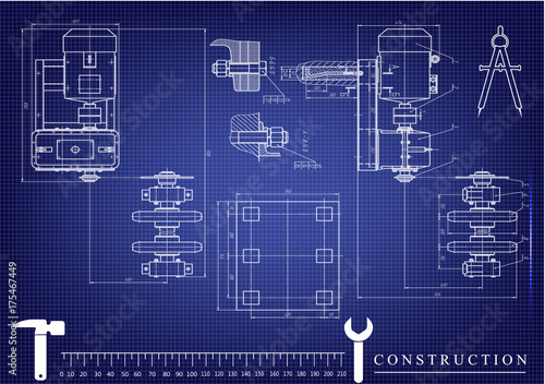 Machine-building drawings on a blue background