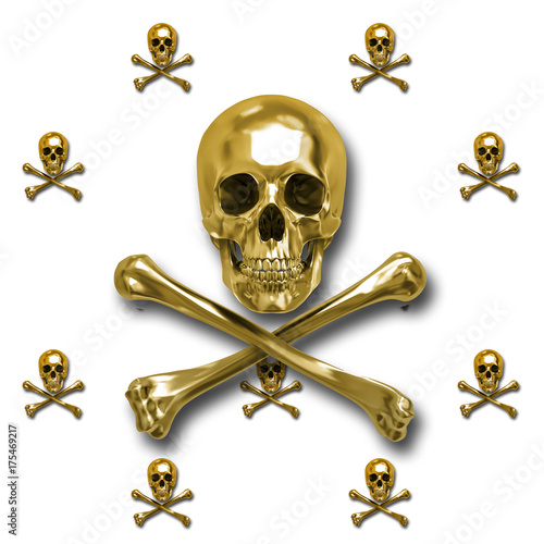 Golden Skull and Crossbones, 3D, Isolated Against a White Background.