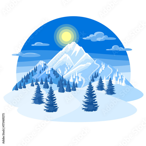 Winter landscape with snowy mountains and fir forest