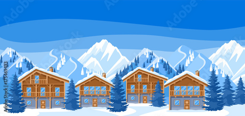 Alpine chalet houses. Winter resort illustration. Beautiful landscape with snowy mountains and fir forest