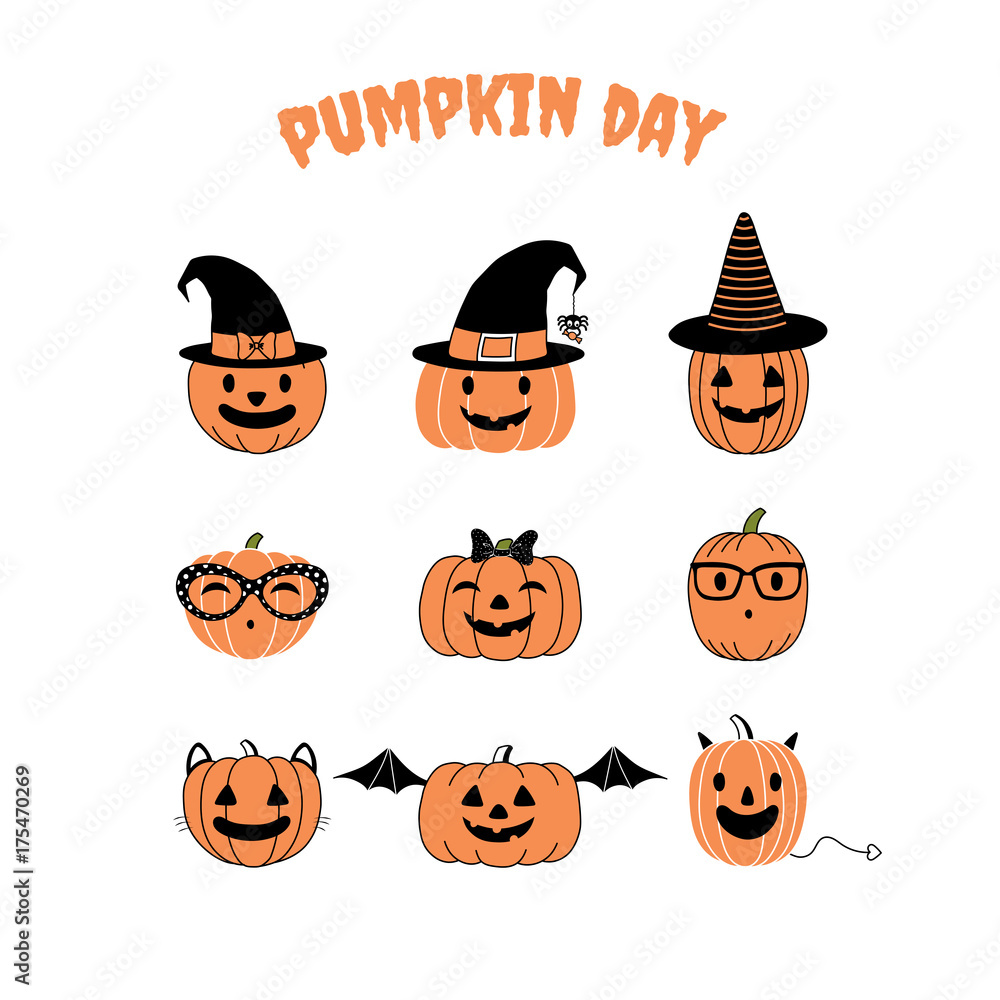 Set of hand drawn vector funny cartoon pumpkins with different faces, witch hats, glasses, ribbon, cat ears, whiskers, bat wings, horns and tail, with text Pumpkin day. Set of hand drawn vector funny cartoon pumpkins with different faces, witch hats, glasses, ribbon, cat ears, whiskers, bat wings, horns and tail, with text Pumpkin day.