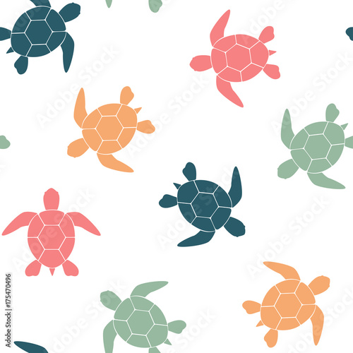 Simple seamless background with a silhouette of a turtle on a white background. Vector illustration.
