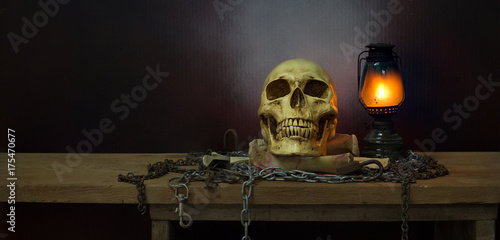 Skull and Lantern on the plank in Halloween dark night (Liberation Spirit in Halloween night)