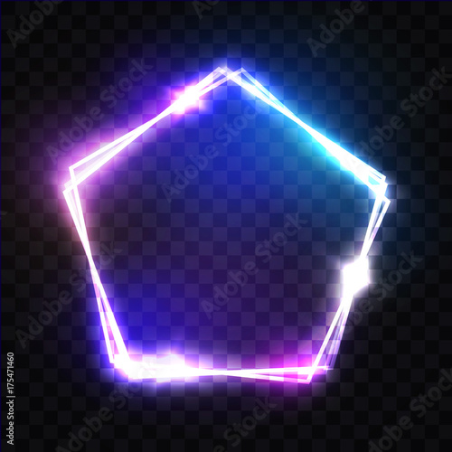 Abstract Neon Pentagon Electric Frame On Transparent Background. Night Club Sign. 3d Retro Light Signboard With Neon Effect Techno Frame On Dark Blue Backdrop Colorful Vector Illustration In 80s Style