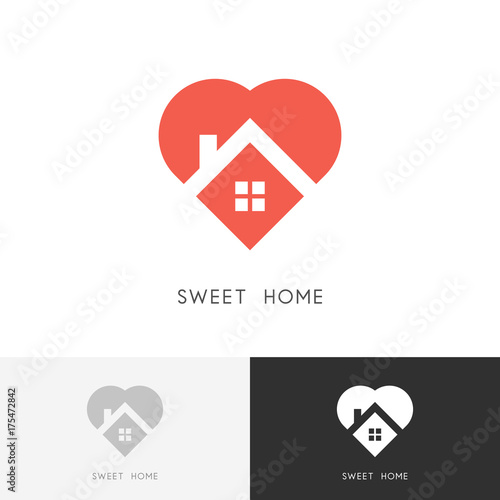 Sweet home logo - house with window and chimney on the roof and heart or love symbol. Family, real estate and realty vector icon.