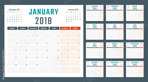 2018 year calendar, calendar design 2018 starts monday