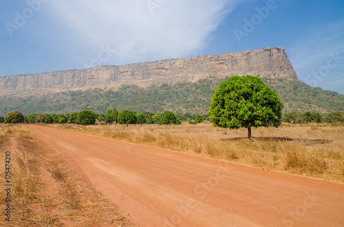 Red dirt and gravel road, single trees and large flat topped mountain in Fouta Djalon region, Guinea, West Africa photo