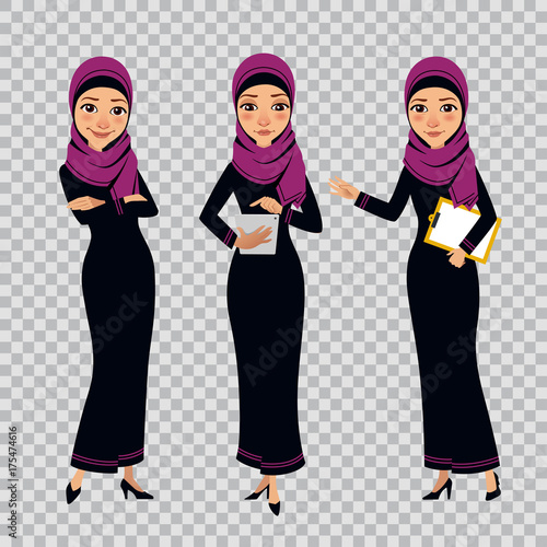 Arab business women characters in different poses on transparent background. Women with clipboard and tablet
