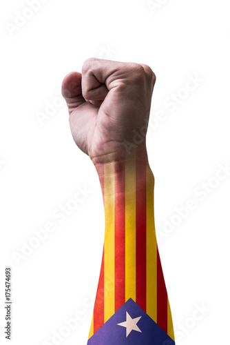 The double exposure image of the isolated arm and white background overlay with the Catalonia flag image. The concept of protesting, politics, government and Declaration of independence. photo