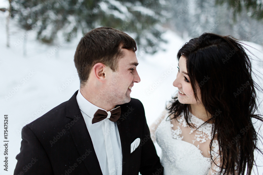 Wedding winter, bride and groom walking at winter wedding day Wedding winter, bride and groom walking at winter wedding day
