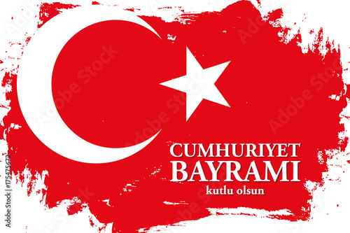 Cumhuriyet Bayrami kutlu olsun Turkey Happy Republic Day, october 29 greeting banner with turkish national flag brush stroke background and hand lettering. Vector illustration.