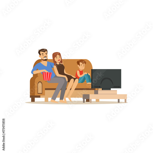Young family watching tv with little boy, people sitting on a sofa in a living room in front of the television screen vector Illustration