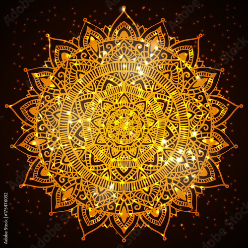 Beautiful diwali present card design. Creative and artistic mandala tattoo design on dark background with shining lights and bokeh effect. Vector EPS10 file.