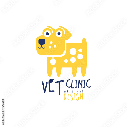Vet clinic logo template original design, badge with dog, colorful hand drawn