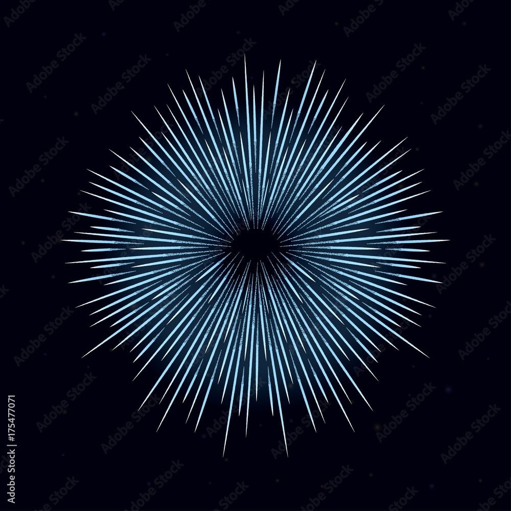 Firework is bursting with sparkles on dark night background. Realistic firework, blue firecracker for decoration Firework is bursting with sparkles on dark night background. Realistic firework, blue firecracker for decoration