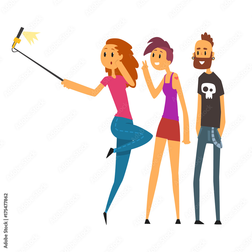 Group of happy young people taking selfie photo cartoon vector Illustration Group of happy young people taking selfie photo cartoon vector Illustration