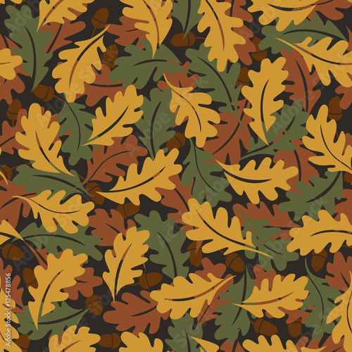 Seamless pattern. Autumn background. Green  brown and yellow oak leaves. It can be used for printing on fabric  wallpaper  design and wrapping