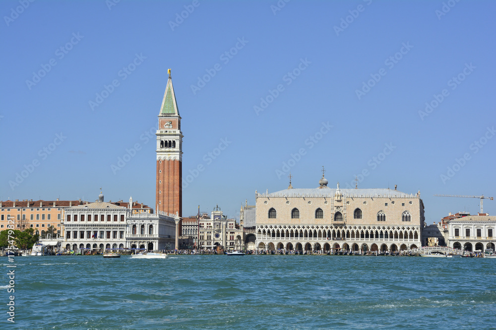 The view from the top of the bellltower of San Giorgio Maggiore church in Venice showing the iconic Campanile di San Marco on the left the Doge's Palace on the right