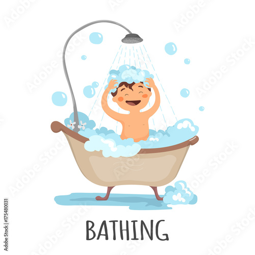 small child take a bath isolated on white background