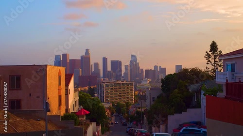 Down Town buildings Los Angeles California Sun set boom up and pull up Aerial view 