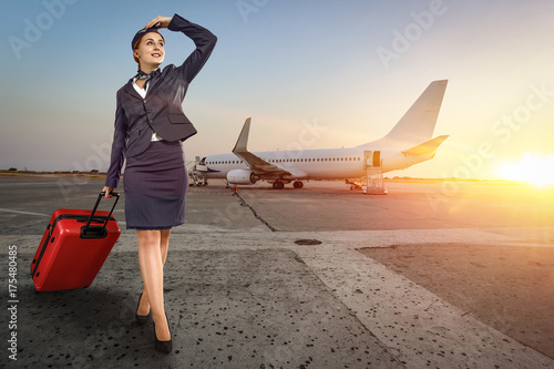 Tableau sur toile stewardess woman and plane