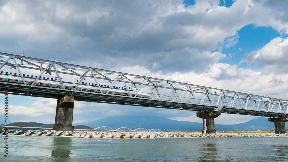 JAPAN, 2017 : Shinkansen high speed train in Japan on the railroad bridge at  in Shizuoka japan, Transport and travel concept.