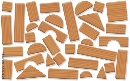 Wooden toy blocks, jumbled and mixed up wood pieces of different shapes - natural childhood building and leisure game. Isolated vector illustration on white background.