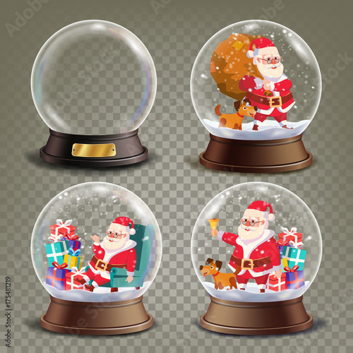 Christmas Snow Globe With Santa Claus And Gifts Vector. Realistic 3d Snow Globe Toy. Winter Xmas Design Element. Isolated On Transparent Background Illustration