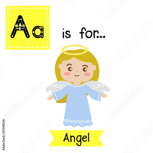 Cute children ABC alphabet A letter tracing flashcard of Standing Angel for kids learning English vocabulary in Happy Halloween Day theme.