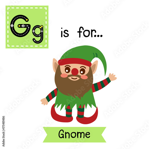 Cute children ABC alphabet G letter tracing flashcard of Gnome for kids learning English vocabulary in Happy Halloween Day theme.