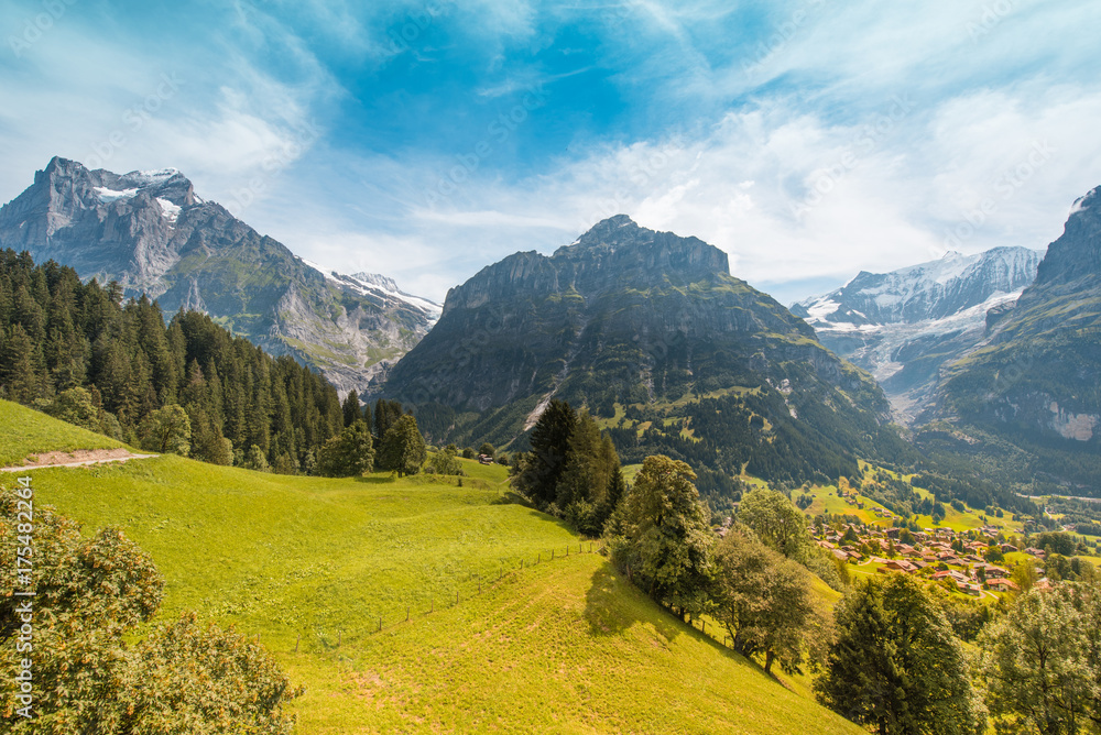 Fantastic scenery from a height on Grindelwald valley in Swiss Alps near Eiger, Switzerland, Europe.