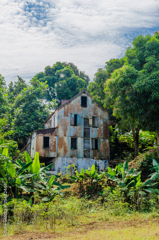 Abandoned and fading house surrounded by forest and banana trees, traces of civil war, Robertsport, Liberia, West Africa Abandoned and fading house surrounded by forest and banana trees, traces of civil war, Robertsport, Liberia, West Africa