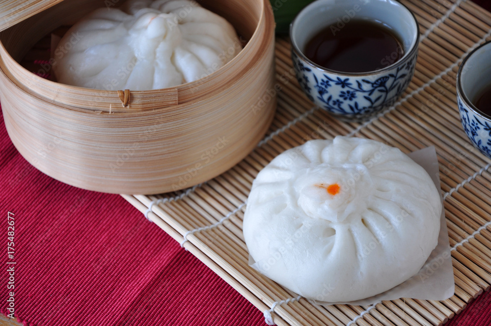 Above of Chinese Pork Bun with Tea Cup Above of Chinese Pork Bun with Tea Cup