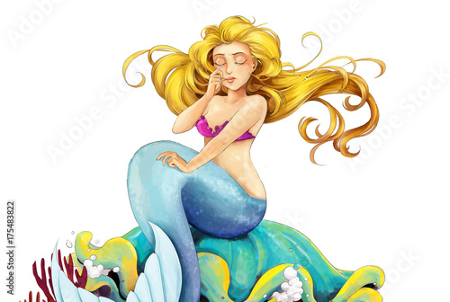 Cartoon mermaid sitting on a shell - illustration for children