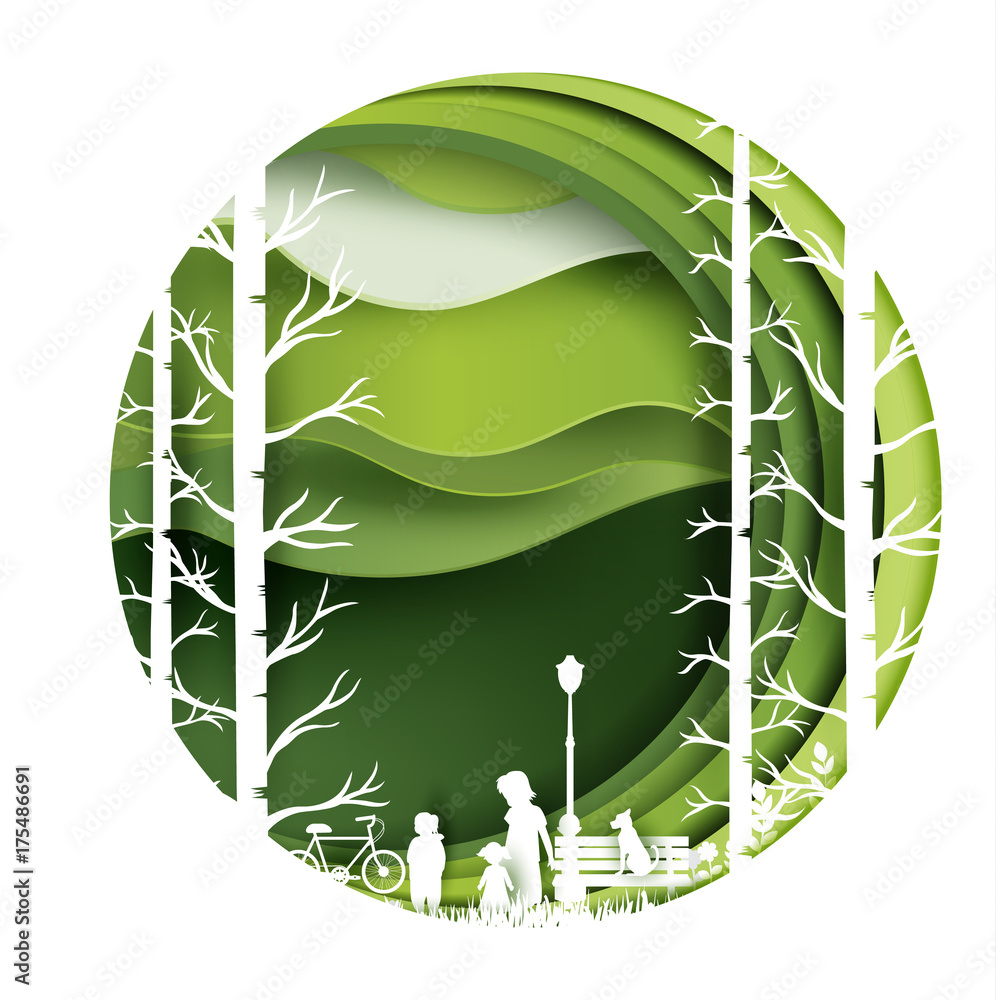  tree with family, kid , girl, dog in the jungle, paper art style.vector illustration