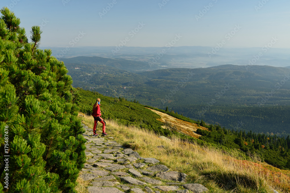 Hikings along tourist trails in the Karkonosze Mountain national park in Poland.