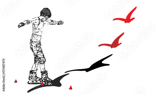 roller skates person with shadow pass into a bird
