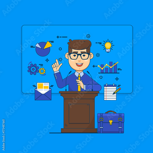 Public speaking concept. Orator speaking from tribune and icons. Business conference flat style illustration