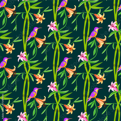 Hummingbird seamless pattern with bamboo.