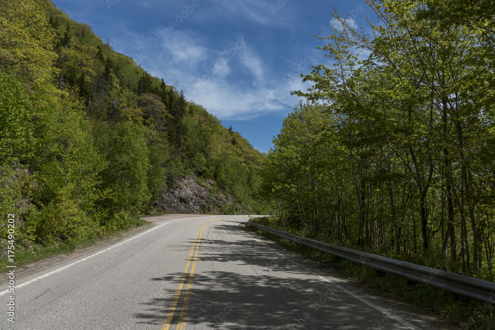 Empty road amidst trees by hills, Dingwall, Cabot Trail, Cape Breton Highlands National Park, Cape Breton Island, Nova Scotia, Canada