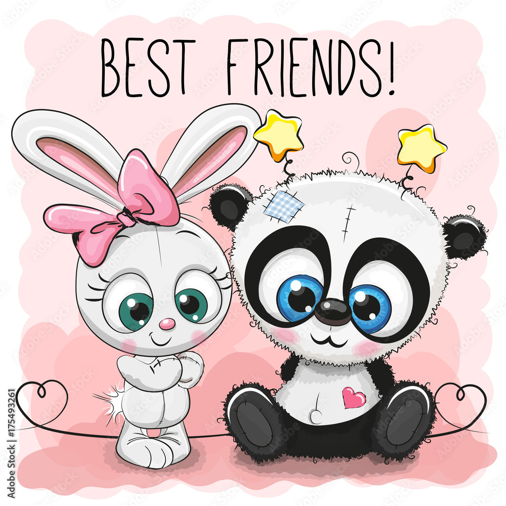 Naklejka premium Cute Panda and rabbit girl
