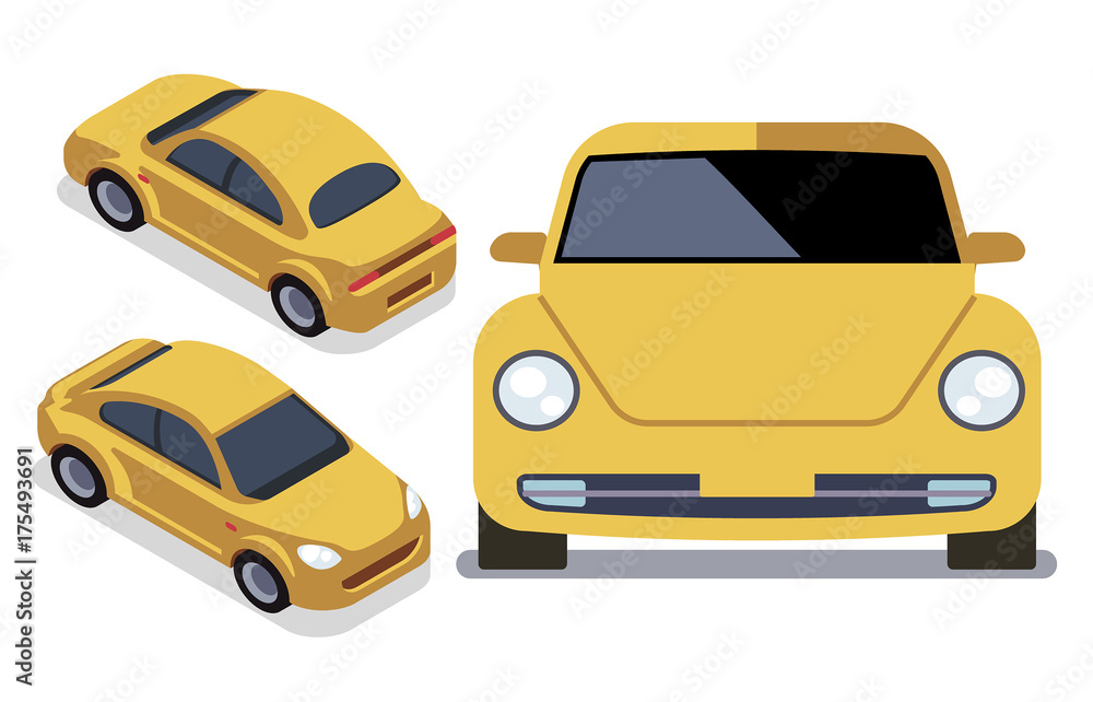 Vector flat-style cars in different views. Yellow isometric car