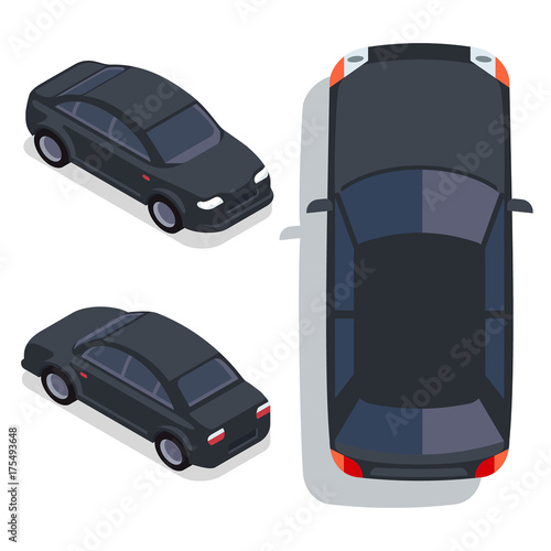 Vector flat-style cars in different views. Black sedan