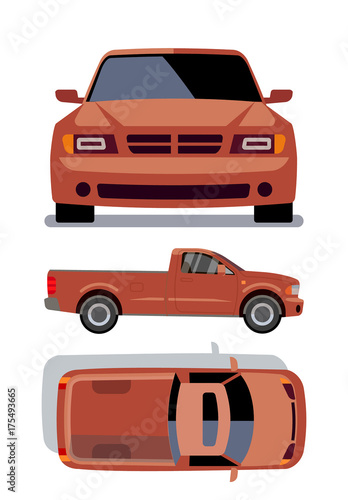 Vector flat-style cars in different views. Orange pickup truck