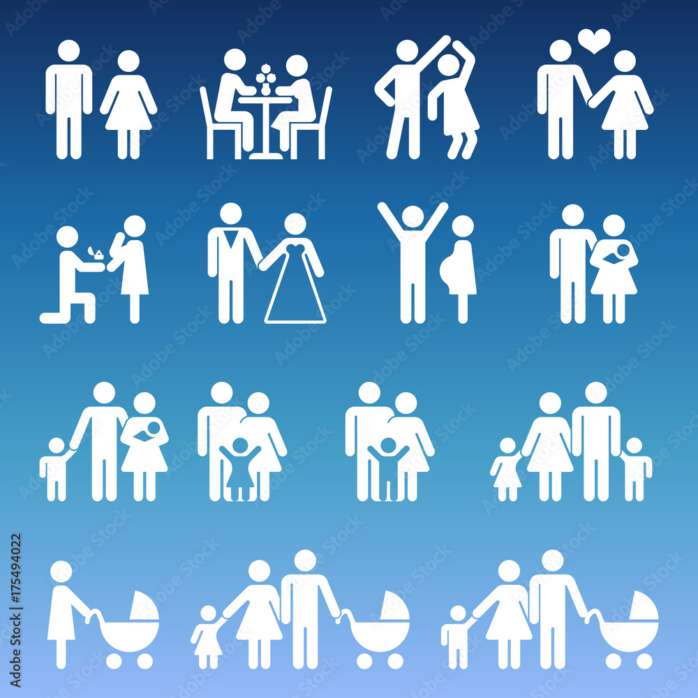 Young family life pictograms - white parents and kids icons Young family life pictograms - white parents and kids icons